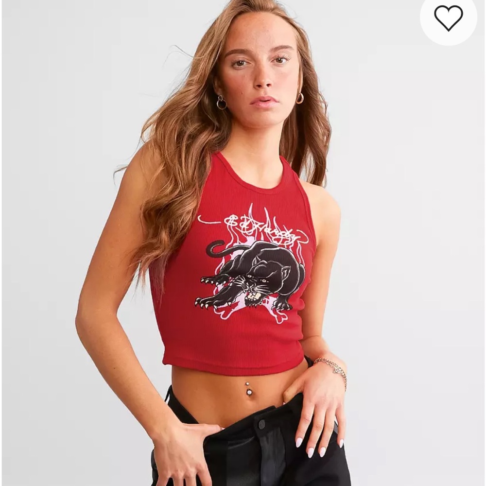 Ed Hardy XL Red Panther Flame Rib Red  Graphic Cropped Tank Top